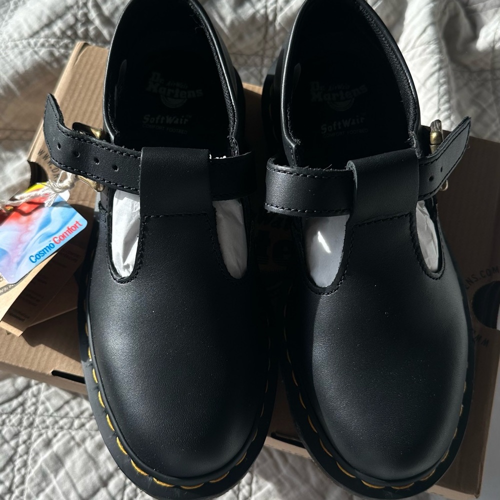Dr. Martens Black T-Bar Shoes with Yellow Stitching